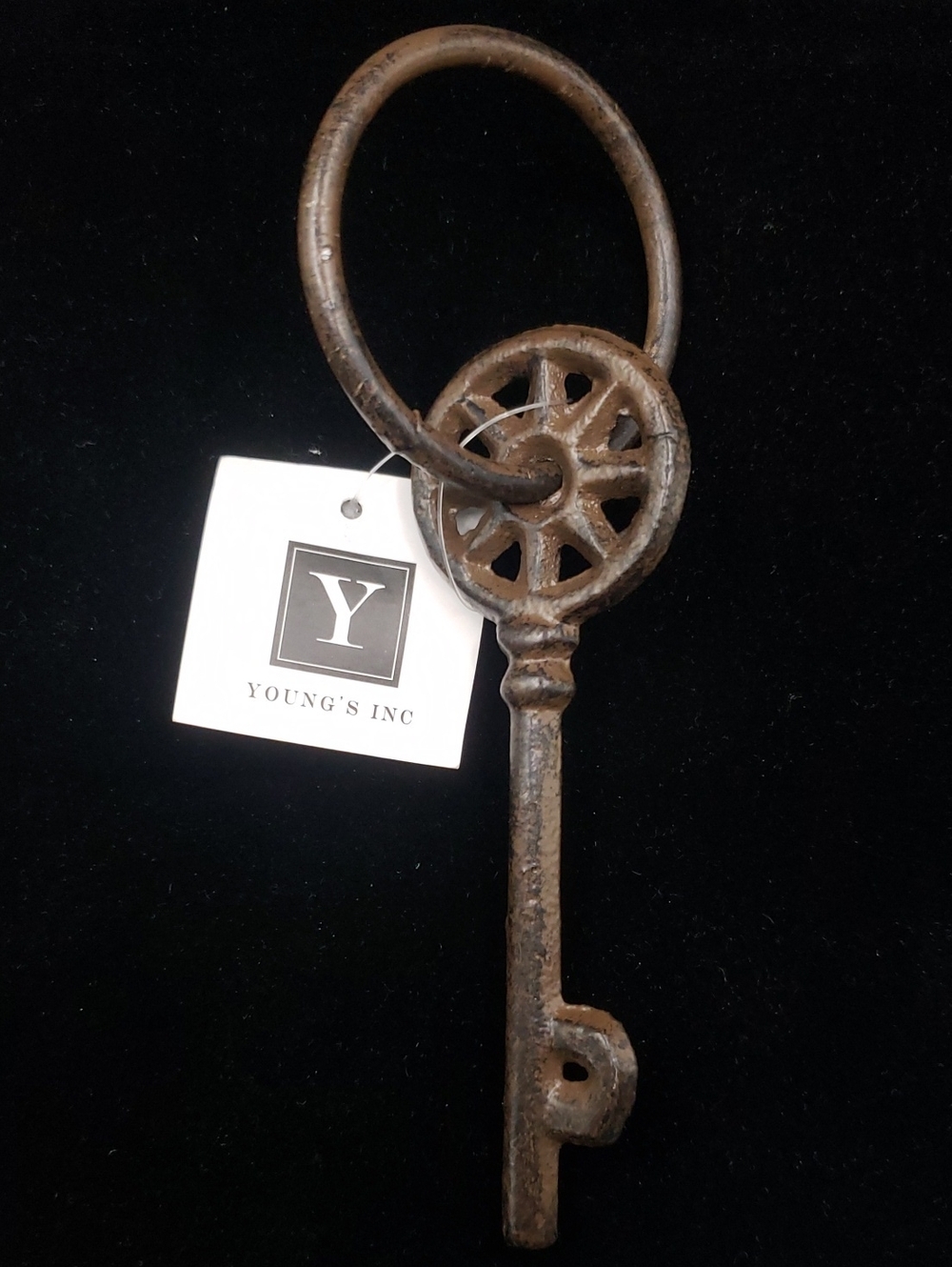Young's Vintage-Style Decorative Iron Key with Ring - Brown Patina Finish